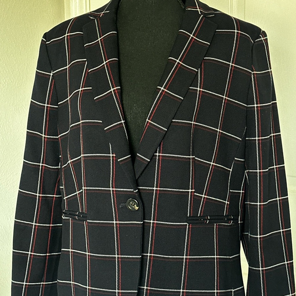Ann Taylor Navy and Red Checkered Blazer